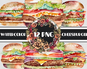 Aquarell Burger Clipart Bundle: 12 Fast Food PNG Designs (digitaler Download)