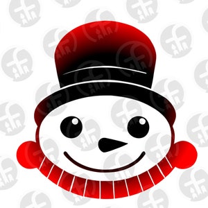 May include: A red and black snowman with a black top hat and a red scarf. The snowman has a white face with black eyes and a black nose.