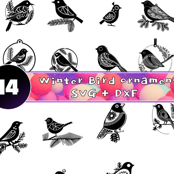Birds Christmas ornaments SVG pack - 14 unique design - Bird In Circle - Instant download - Ornament bundle svg - Bird on branch svg