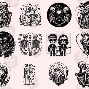 May include: A collection of ten black and white illustrations featuring skeletons in various poses, including couples holding hands, dancing, and embracing. Some skeletons are wearing hats and bow ties, while others are adorned with hearts and flowers. The illustrations are set against a white background.