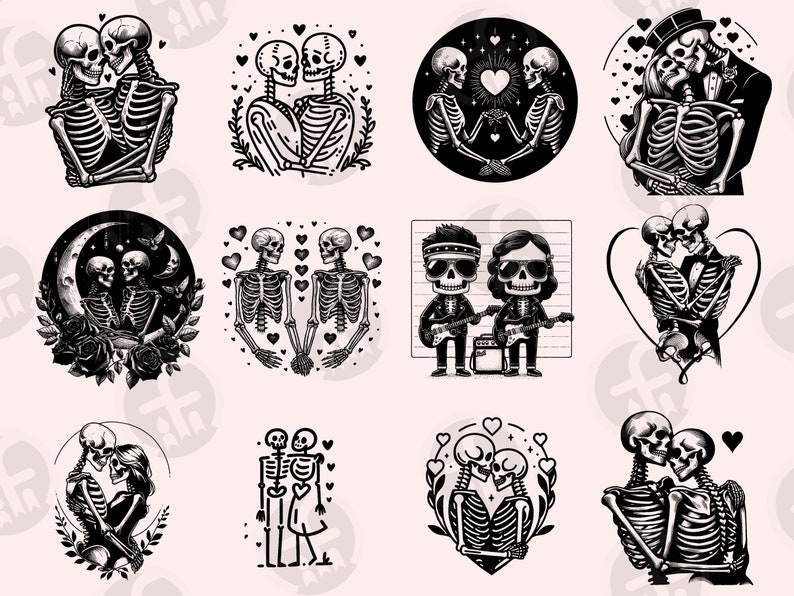 May include: A collection of ten black and white illustrations featuring skeletons in various poses, including couples holding hands, dancing, and embracing. Some skeletons are wearing hats and bow ties, while others are adorned with hearts and flowers. The illustrations are set against a white background.