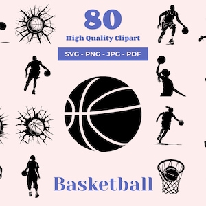 Pacote SVG de basquete - 80 arquivos de corte - Silhueta de jogador de basquete - Clipart esportivo - Basquete feminino - Corte a laser - Basquete arrasador