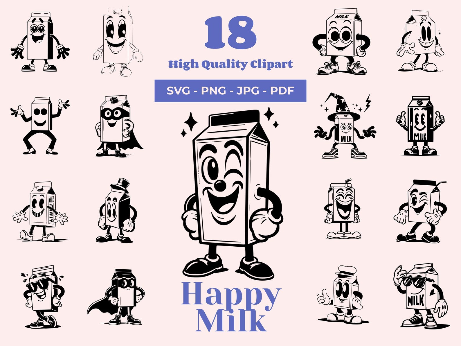 Carton Side Loading Svg Happy Milk Carton SVG Bundle: Vintage Cartoon Clipart (18 Designs ...