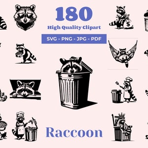 Pacote SVG de guaxinim - 180 arquivos de corte - Panda do lixo - Desenhos de vida selvagem para corte a laser, Cricut e sublimação - Clipart engraçado de guaxinim