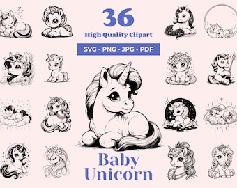 Baby Unicorn SVG Bundle - 36 Designs - Nursery Decor - Unicorn Clipart - Cricut Cut Files - Fairy-Tale Nursery DIY Projects - Laser files