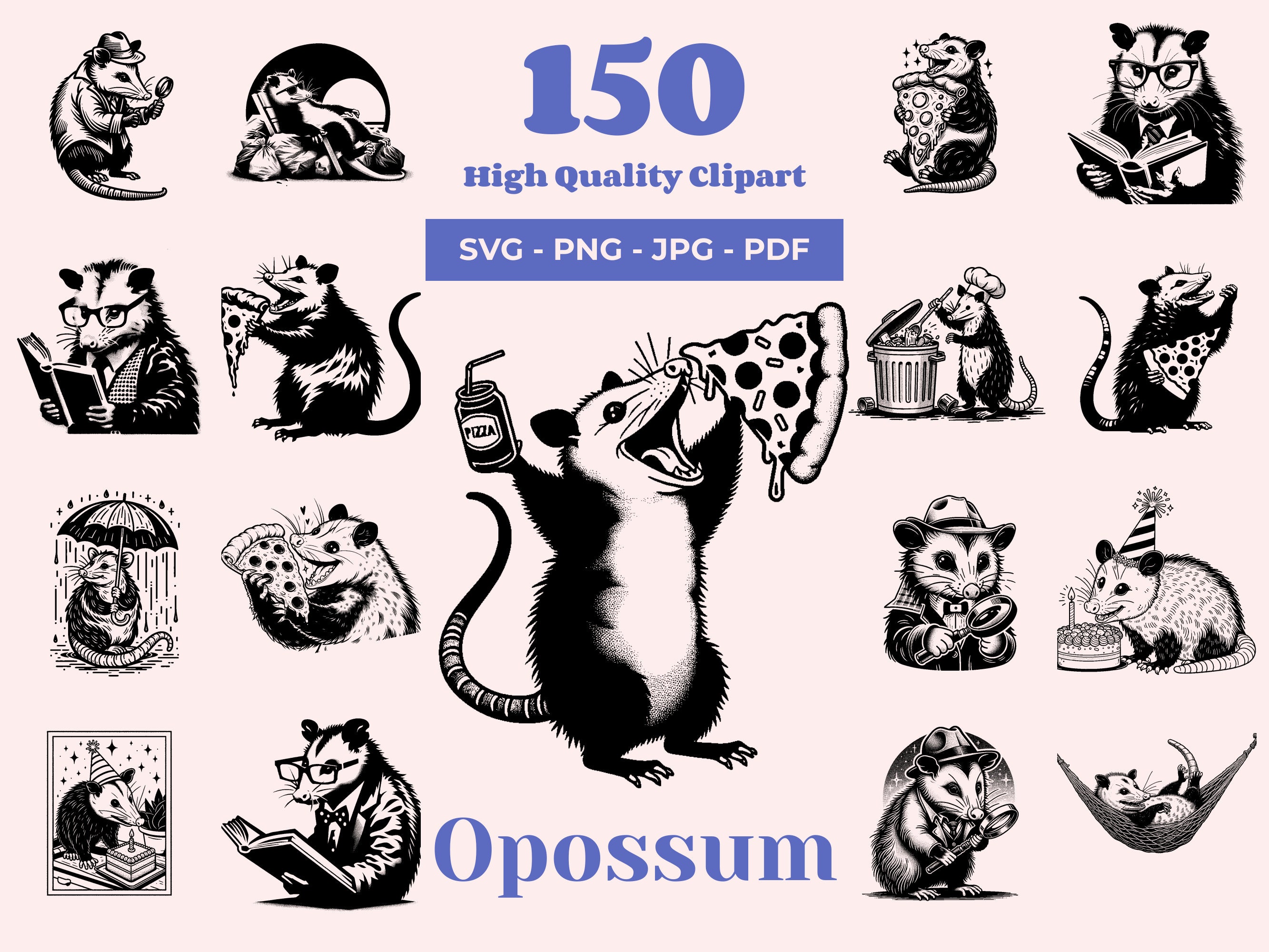 Opossum SVG Bundle - 150 Cut files - Trash panda - Quirky Wildlife Designs for Laser Cutting, Cricut, and Sublimation - Possum Clipart