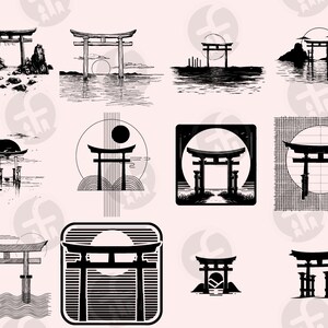 May include: A collection of black and white illustrations of traditional Japanese torii gates. The gates are depicted in various settings, including a beach, a forest, and a mountain. The illustrations are drawn in a simple, minimalist style.