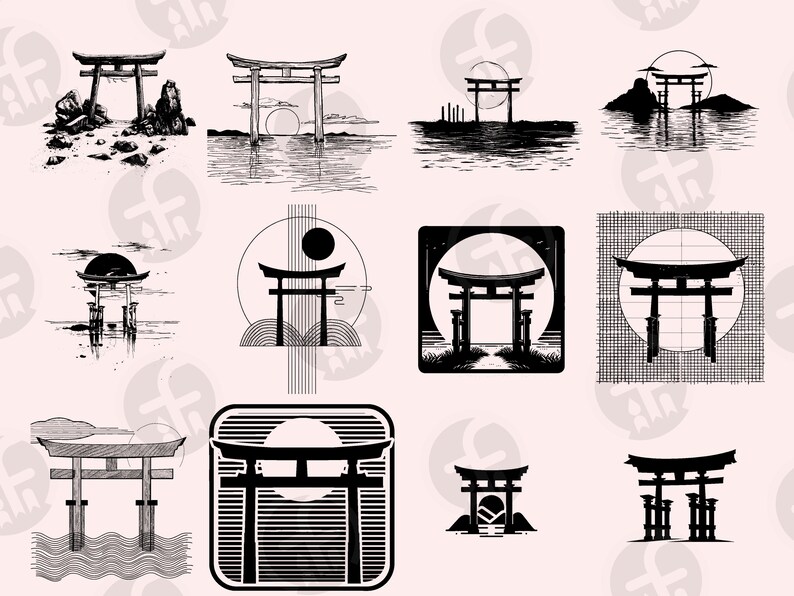 May include: A collection of black and white illustrations of traditional Japanese torii gates. The gates are depicted in various settings, including a beach, a forest, and a mountain. The illustrations are drawn in a simple, minimalist style.
