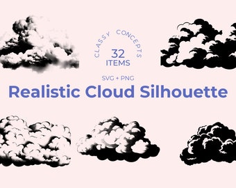 Realistic Cloud Silhouette SVG - 32 Cut Files - Detailed Sky Art - Cricut SVG Files - Silhouette Designs - Weather Theme - Black and White