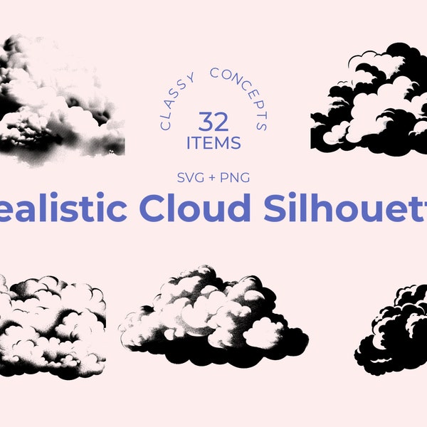 Realistic Cloud Silhouette SVG - 32 Cut Files - Detailed Sky Art - Cricut SVG Files - Silhouette Designs - Weather Theme - Black and White