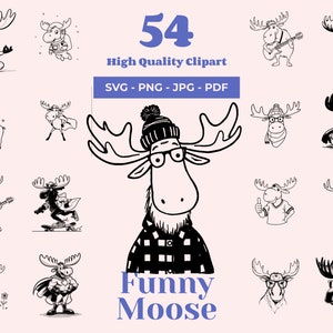 Lustige Elch SVG Bundle - 54 Designs - Lustige Clipart - Digital Download - Cricut Dateien - Doodle Art Kunst - Kreative Elch SVG - Laser Dateien