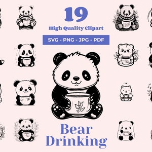 Kawaii Bear Drinking Tea SVG - 19 Black and White Cut Files - Cute Bear Design - Ideal for Craft and DIY Projects - Laser files