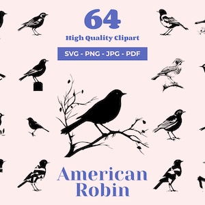 American Robin SVG Collection - 64 Unique Black and White Bird Silhouettes - Perfect for Nature Lovers and Craft Enthusiasts