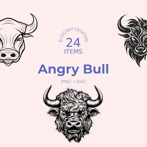 Angry Bull SVG: 24 Line Art Designs (Digital Download)