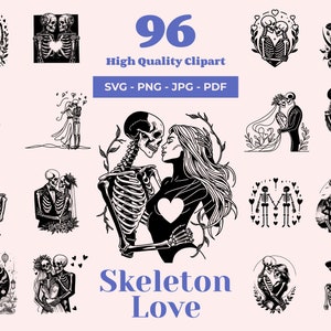 Paquete SVG de esqueletos de amor: 96 diseños, esqueletos de amantes, imágenes prediseñadas de bodas, archivos láser, calcomanías de esqueletos, esqueletos SVG de San Valentín