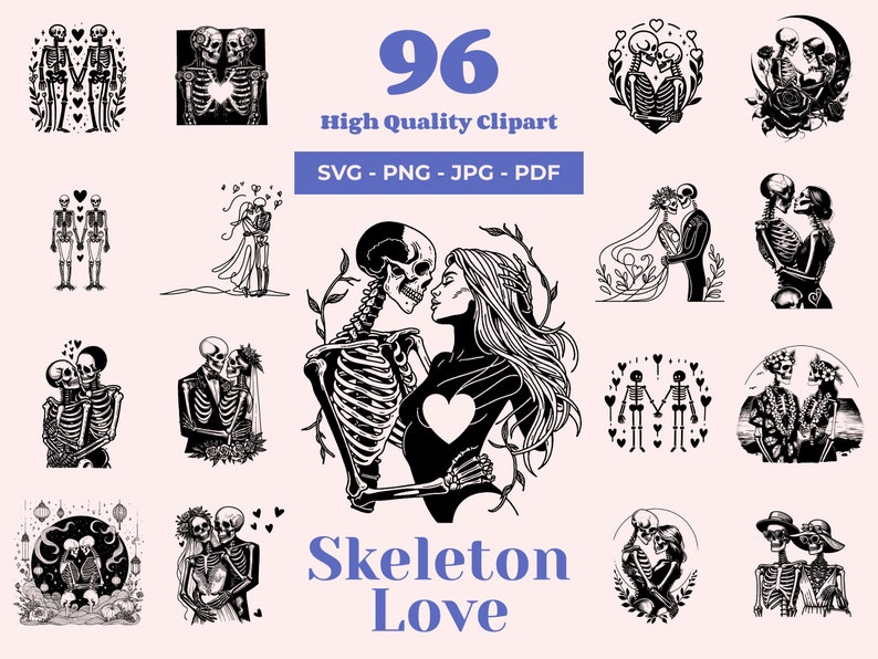 May include: A set of 96 black and white skeleton couple illustrations. The skeletons are in various poses, including holding hands, hugging, and dancing. The illustrations are perfect for use in wedding invitations, Halloween decorations, or any other project that requires a touch of whimsy and macabre.