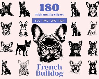 Bouledogue français SVG Bundle - 180 fichiers - Art Frenchie mignon - animal de compagnie SVG - Toy Dog Design - Clipart maman Frenchie - pour la découpe Cricut et Laser