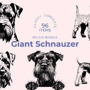 Paquete SVG de Schnauzer gigante: 96 archivos de corte, arte de perros de raza grande, sublimación y PNG transparente, imágenes prediseñadas de perro guardián