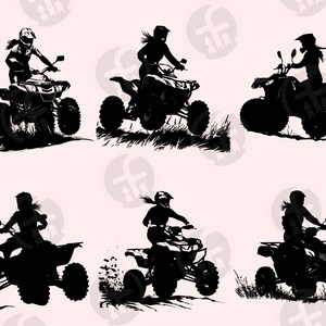 May include: Silhouettes of six people riding all-terrain vehicles (ATVs) in a variety of poses. The ATVs are black and the riders are wearing helmets and riding gear.