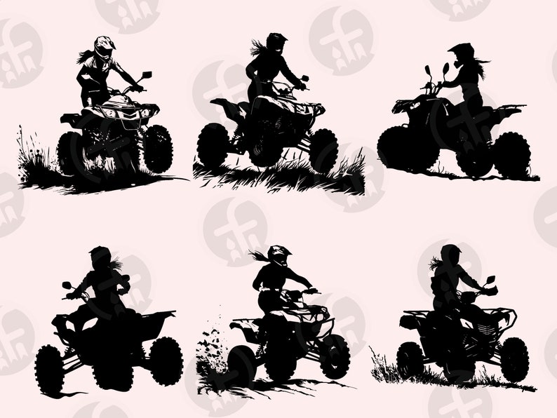 May include: Silhouettes of six people riding all-terrain vehicles (ATVs) in a variety of poses. The ATVs are black and the riders are wearing helmets and riding gear.