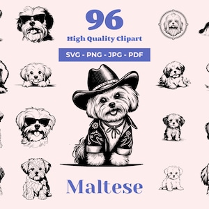Maltese SVG-bundel - 96 ontwerpen - Maltese clipart - zwart-witte silhouetten voor hondenliefhebbers en hobbyisten - klaar voor lasergravure