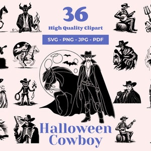 Paquete SVG de vaquero de Halloween: 36 diseños: vaquero fantasma, vaquero zombi, vaquero vampiro, vaquero esqueleto, vaquero con cabeza de calabaza, archivos láser