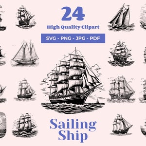 SVG-bundel zeilschip - 24 vintage gravures - gesneden bestanden - Nautical Adventure, Dark Academia, Black and White, Maritime, Sea Voyage