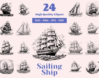 Sailing Ship SVG bundle - 24 Vintage engravings - Cut files - Nautical Adventure, Dark Academia, Black and White, Maritime, Sea Voyage