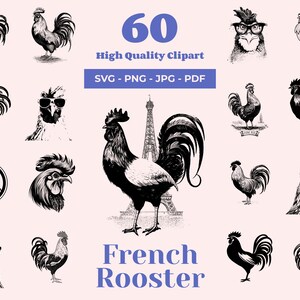 Può includere: Un set di 60 immagini clipart di gallo francese di alta qualità in bianco e nero. Le immagini includono galli con diverse espressioni, che indossano occhiali e in piedi di fronte alla Torre Eiffel. Il testo "60 High Quality Clipart" e "SVG - PNG - JPG - PDF" è visualizzato sopra le immagini. Il testo "French Rooster" è visualizzato sotto le immagini.