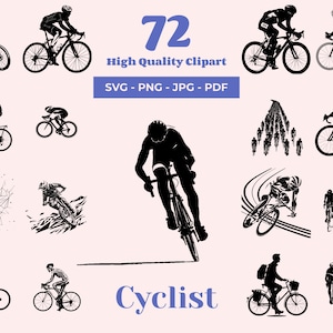 Pacote SVG de ciclista - 72 arquivos de corte - Silhueta de bicicleta - Clipart de bicicleta - Arte de ciclismo em preto e branco - Ilustração esportiva - Corte a laser