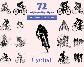 Paquete SVG de ciclista: 72 diseños de siluetas de bicicletas