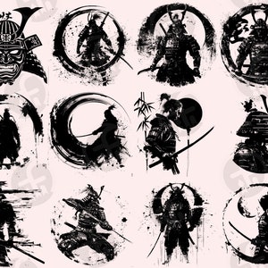 A striking collection of samurai-themed illustrations, showcasing dynamic poses, detailed helmets, katana swords, and circular brushstroke designs. The artwork blends traditional Japanese aesthetics with grunge textures, capturing samurai silhouettes