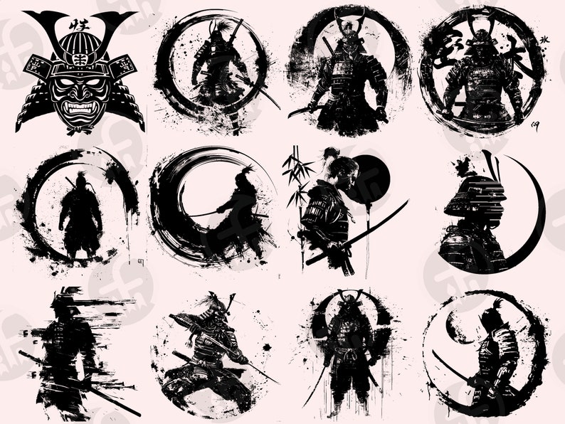 A striking collection of samurai-themed illustrations, showcasing dynamic poses, detailed helmets, katana swords, and circular brushstroke designs. The artwork blends traditional Japanese aesthetics with grunge textures, capturing samurai silhouettes
