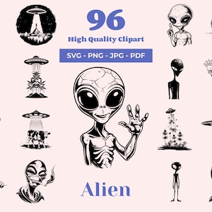 Alien SVG Bundle - 96 Cut Files -  Space and UFO - Sci-Fi - Black and White Designs - Perfect for Laser cut, Sublimation and Cricut
