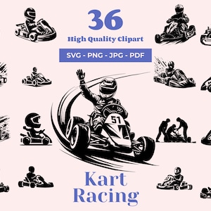 カート レーシング SVG バンドル - 36 のデザイン - カート デカールとアパレル デザイン - モータースポーツ クリップアート - レーザー カットと昇華用のレーシング シルエット