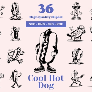 Cool Hotdog SVG Bundle - 36 Designs - Street food Clipart - Dripping Hot dog - Hot dog PNG - Retro Cartoon style - For Cricut and Laser cut