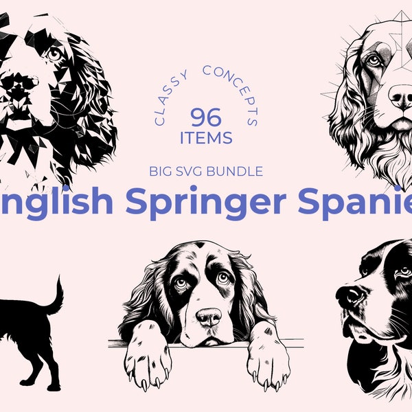Bundle SVG Springer Spaniel anglais - 96 fichiers coupés - Art énergique de chien de chasse - fichiers de sublimation - Clipart épagneul