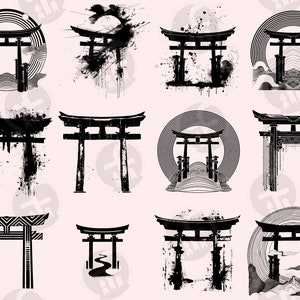 May include: A set of 12 black and white illustrations of Japanese torii gates. The gates are depicted in various styles, including traditional, modern, and abstract. Some of the gates are surrounded by circles, waves, or other decorative elements.