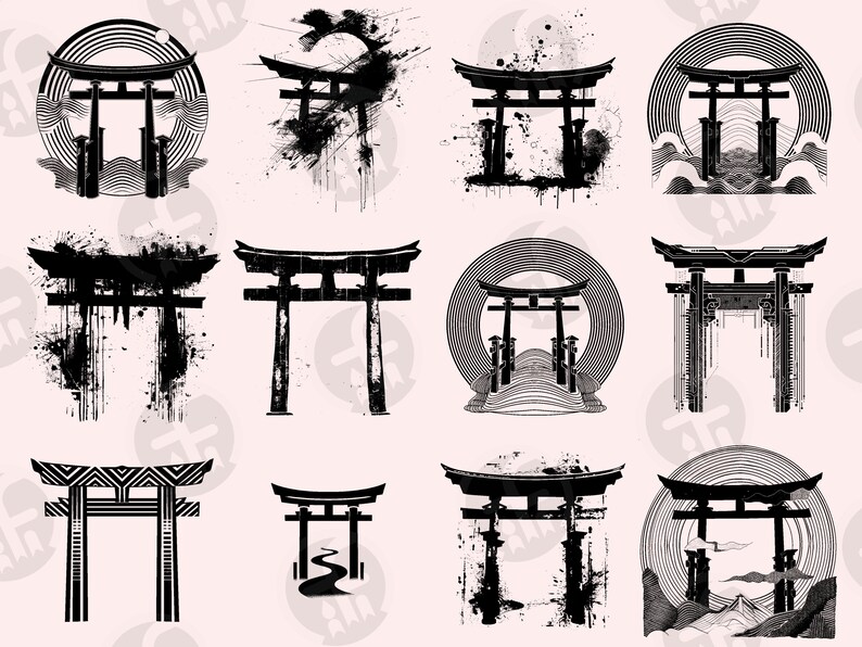 May include: A set of 12 black and white illustrations of Japanese torii gates. The gates are depicted in various styles, including traditional, modern, and abstract. Some of the gates are surrounded by circles, waves, or other decorative elements.