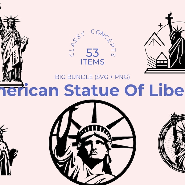 American Statue of Liberty SVG Bundle - 53 Cut Files - Icône américaine en noir et blanc, différents styles, parfait pour les projets d'artisanat et d'art