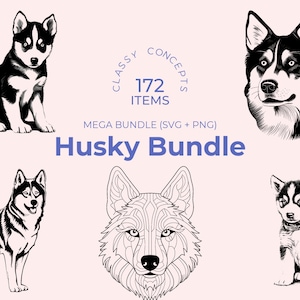 Husky SVG-bundel - 172 gesneden bestanden - verschillende zwart-witstijlen, perfect voor hondenliefhebbers, knutselen, doe-het-zelfprojecten en meer