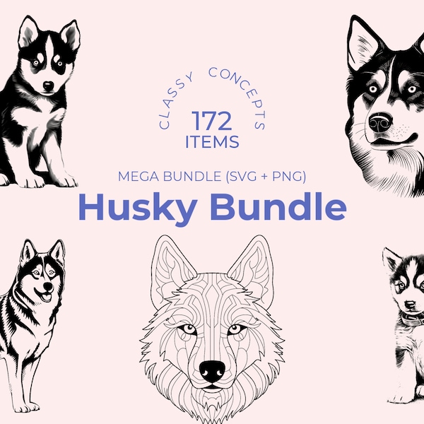 Husky SVG Bundle - 172 geschnittene Dateien - verschiedene Schwarz-Weiß-Stile, perfekt für Hundeliebhaber, Handwerk, DIY-Projekte und mehr