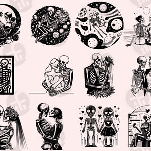 May include: Black and white illustrations of skeletons in various poses, including couples holding hands, dancing, and standing together. Some skeletons are wearing clothing, while others are bare bones. The illustrations are set against a variety of backgrounds, including hearts, stars, and flowers.