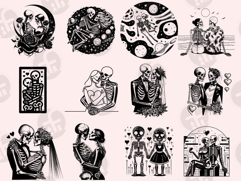 May include: Black and white illustrations of skeletons in various poses, including couples holding hands, dancing, and standing together. Some skeletons are wearing clothing, while others are bare bones. The illustrations are set against a variety of backgrounds, including hearts, stars, and flowers.