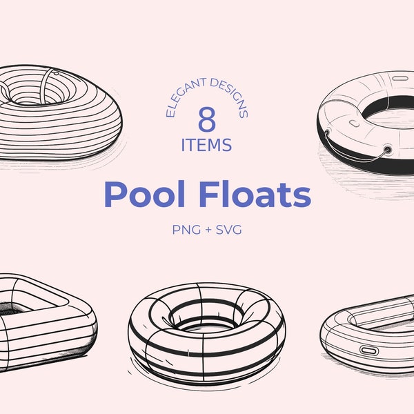 Pool Floats SVG - 8 Minimalist Line artworks - Inflatable ring design- Black and White - Inflatable Pool Toys - Summer Fun