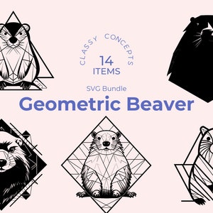 Puede incluir: Un conjunto de 14 ilustraciones geométricas de castores en blanco y negro. Las ilustraciones presentan un castor en varias poses, incluyendo sentado, de pie y mirando hacia adelante. Las ilustraciones están rodeadas de formas geométricas, como triángulos y cuadrados.