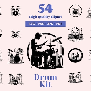 May include: A set of 54 black and white drum kit silhouette illustrations. The illustrations include a drummer playing drums, a drum set with a star, a drum set with a moon and mountain, and a drum set with a sun and rays.