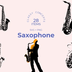 Lot de saxophones SVG noir et blanc - 28 modèles uniques - Idéal pour les fans de jazz, les saxophonistes et les mélomanes