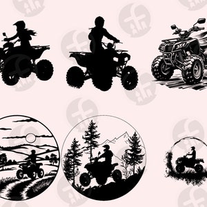May include: Silhouettes of people riding four-wheelers in different settings. One image shows a person riding through a field, another shows a person riding through a forest, and another shows a person riding on a dirt track. The final image shows a four-wheeler driving on a dirt road.