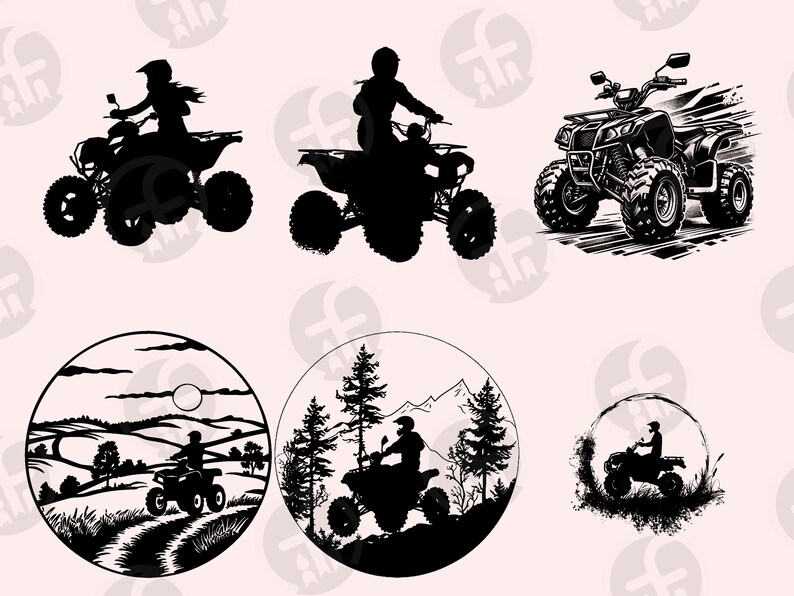 May include: Silhouettes of people riding four-wheelers in different settings. One image shows a person riding through a field, another shows a person riding through a forest, and another shows a person riding on a dirt track. The final image shows a four-wheeler driving on a dirt road.